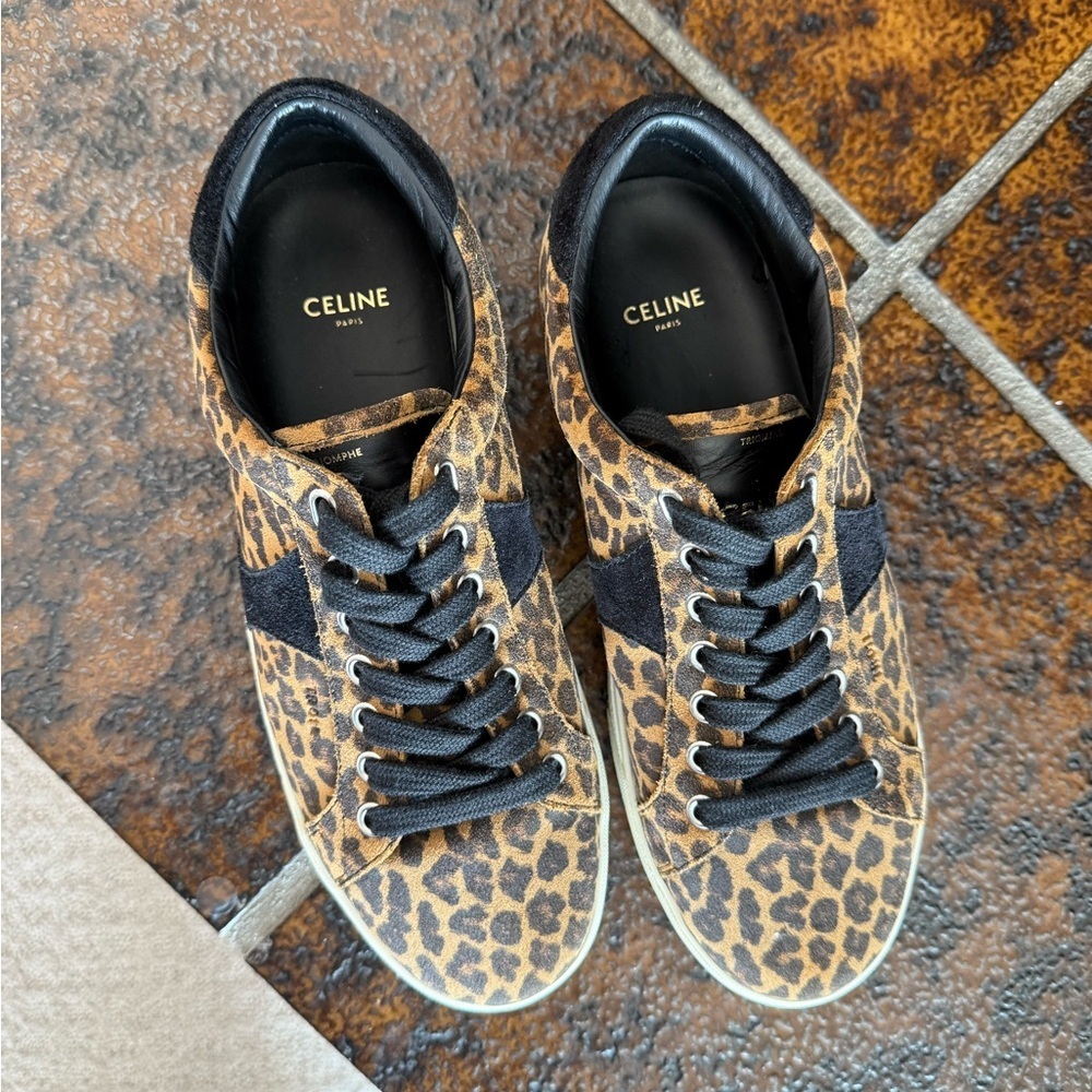 Celine Triomphe Leopard Print and Black Sneakers - Picture 1 of 10